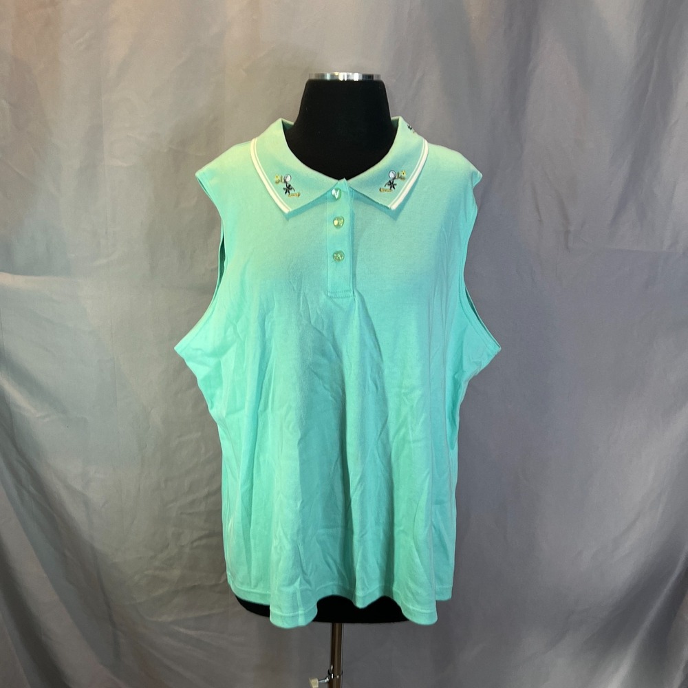 Keneth Too! Sleeveless Polo Shirt Womens 3X Mint Green Cotton Buttoned Placket